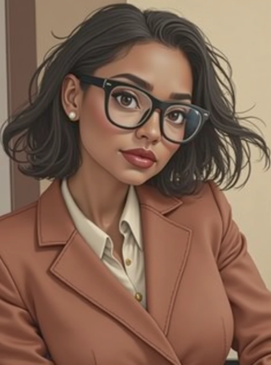 Taking into consideration this text and the photograph that I give you, create an image of me, I am a 40 year old woman, dark skin color short almost curly hair, Fine features, thin lips, big eyes with reading glasses and an hourglass-shaped body, I want to look elegant and sophisticated, opt for colors like white, ?????, gray or navy blue. These tones usually convey professionalism.. A well-fitting blazer can elevate any outfit.. It is a key garment in a professional look. A silk blouse or a well-ironed shirt will always look professional.. Make sure they are well-fitting and have a classic cut.. Loafers or mid-heeled shoes go well with a professional outfit. Opt for small, elegant jewelry such as pearls or thin chains.. An updo or neat style will give a tidy appearance.. A natural makeup highlights the features without being overwhelming..