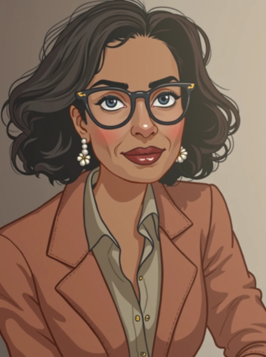 Taking into consideration this text and the photograph that I give you, create an image of me, I am a 40 year old woman, dark skin color short almost curly hair, Fine features, thin lips, big eyes with reading glasses and an hourglass-shaped body, I want to look elegant and sophisticated, opt for colors like white, negro, gray or navy blue. These tones usually convey professionalism.. A well-fitting blazer can elevate any outfit.. It is a key garment in a professional look. A silk blouse or a well-ironed shirt will always look professional.. Make sure they are well-fitting and have a classic cut.. Loafers or mid-heeled shoes go well with a professional outfit. Opt for small, elegant jewelry such as pearls or thin chains.. An updo or neat style will give a tidy appearance.. A natural makeup highlights the features without being overwhelming..