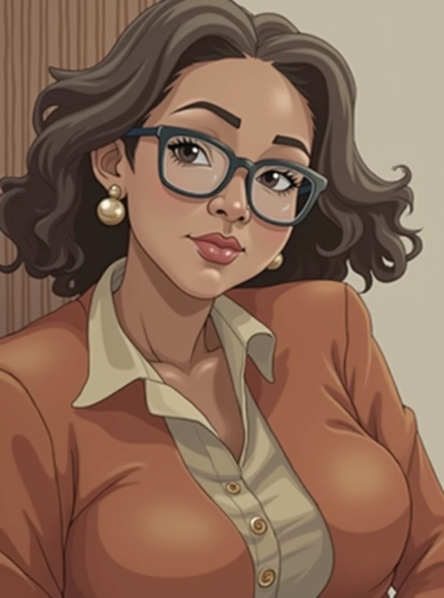 Taking into consideration this text and the photograph that I give you, create an image of me, I am a 40 year old woman, dark skin color short almost curly hair, Fine features, thin lips, big eyes with reading glasses and an hourglass-shaped body, I want to look elegant and sophisticated, opt for colors like white, negro, gray or navy blue. These tones usually convey professionalism.. A well-fitting blazer can elevate any outfit.. It is a key garment in a professional look. A silk blouse or a well-ironed shirt will always look professional.. Make sure they are well-fitting and have a classic cut.. Loafers or mid-heeled shoes go well with a professional outfit. Opt for small, elegant jewelry such as pearls or thin chains.. An updo or neat style will give a tidy appearance.. A natural makeup highlights the features without being overwhelming..