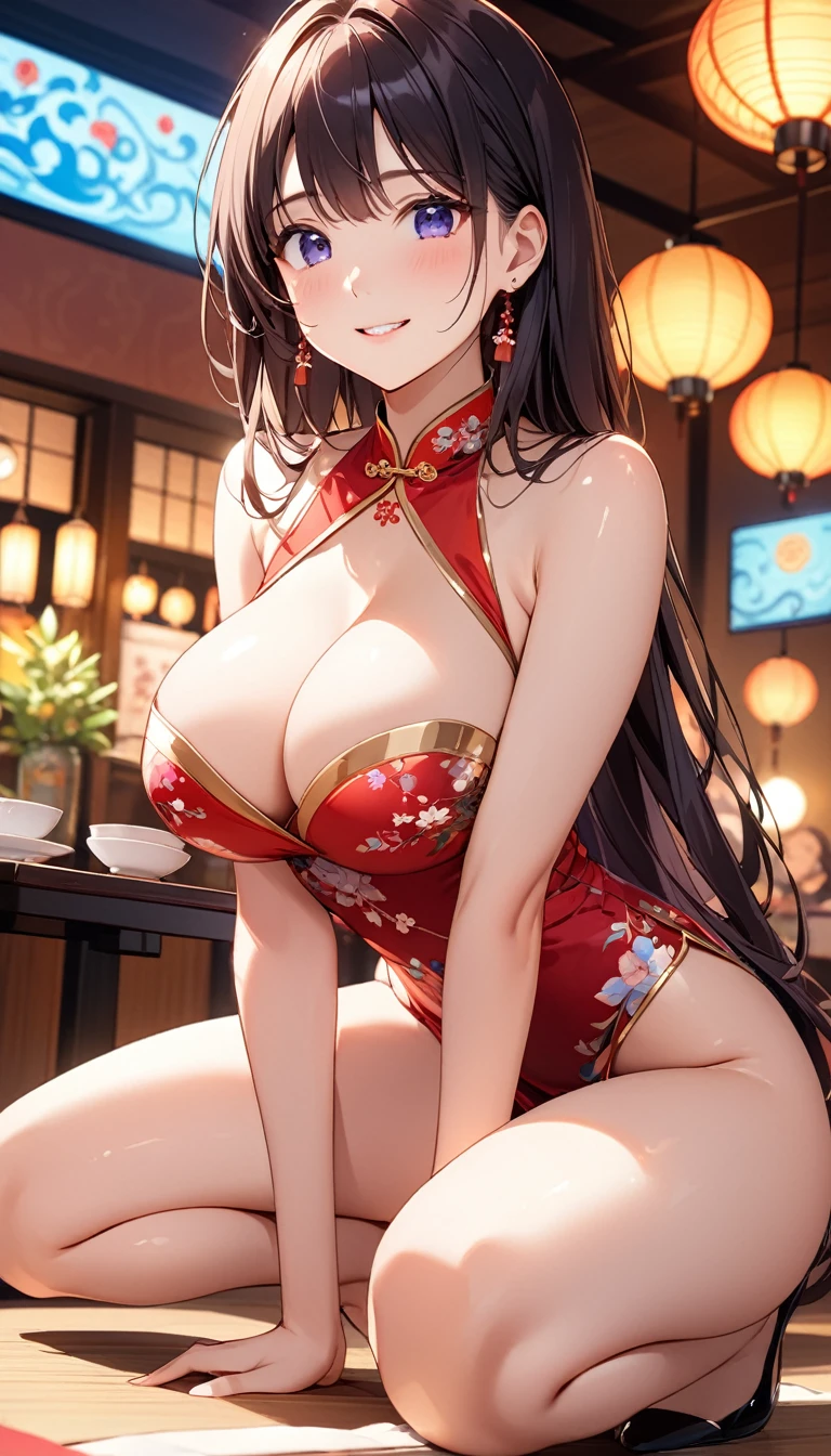 高いquality illustration, masterpiece, Very delicate and beautiful, Attractive girl,(Shiny Chinese clothing),thin,Slender body,slim,Chinese restaurant background,Princess, Beautiful Eyes、smile、blush、(masterpiece, Highest quality:1.2), High res, Very detailed CG ユニティ 8k 壁紙, Perfect lighting, colorful, Ultra-high res,4K,Very detailed, photograph, 8k, High resolution, 17 years old、pubic hair、Big Breasts、squat、Leg spread、Shooting from below