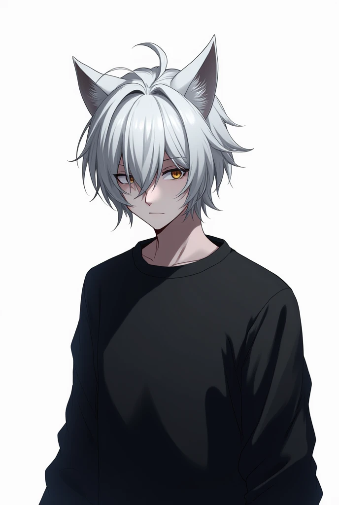 drawing anime character man with white hair without eyes wolf ears, black sweatshirt half body white background front
