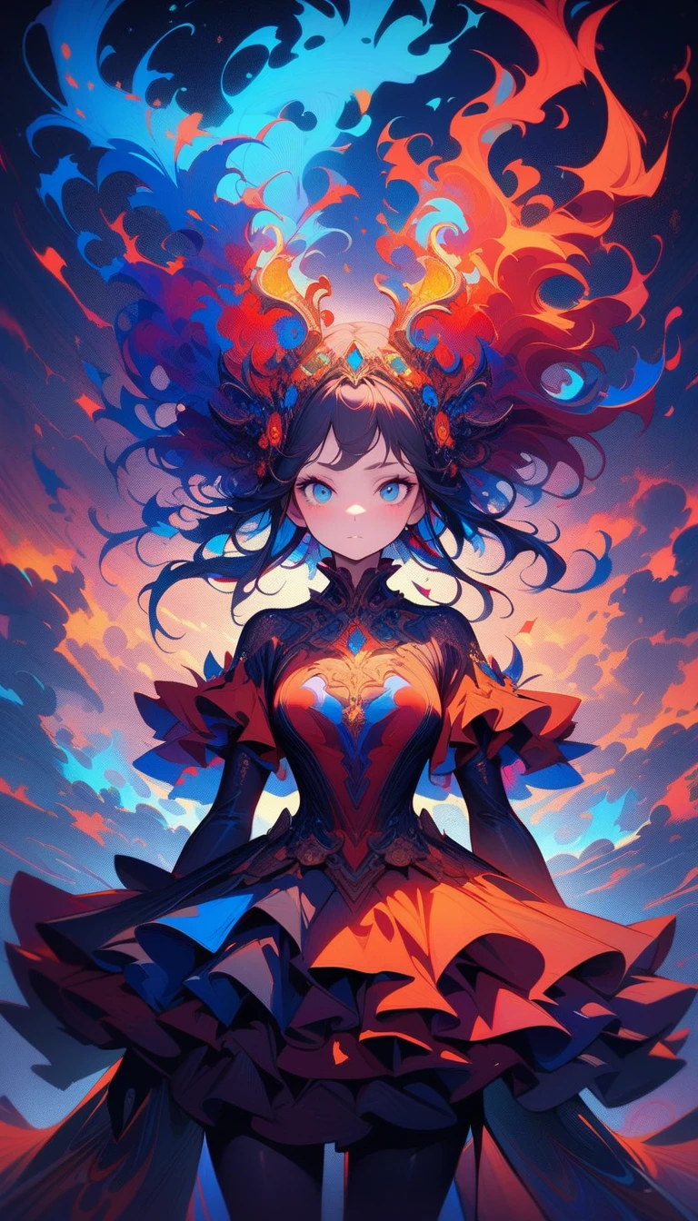 ((best quality)) , ((masterpiece)) , (detailed),A character with a vibrant, stylized costume and dramatic hair. Abstract, fiery colors that suggest an intense or fantastical setting. Predominantly reds, blues, and oranges with a warm, energetic feel. Digital art with a whimsical, imaginative aesthetic.