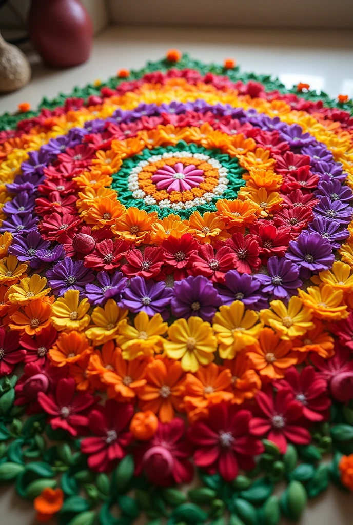 Create a rangoli art with flower petals for India independence day 