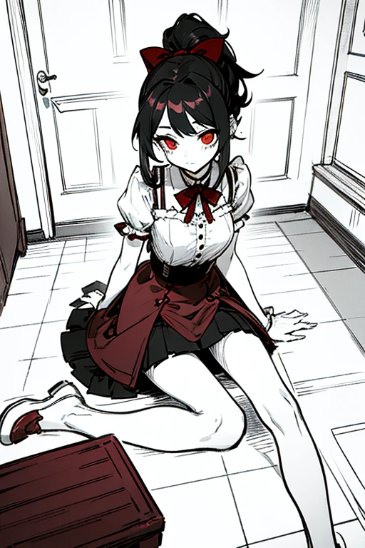 using pantimedies, wavy black hair, piercing look with deep red eyes, average stature, Silky hair with a ponytail hairstyle collected with a red bow with two white lines, with clothes, has a vagina, has breasts, cup of breasts, small breasts, slim, foreground, Session, sitting in her room, sitting on the floor of her room, wearing pantyhose, using pantimedies, Picardias, short skirt, shoes, blouse with straps