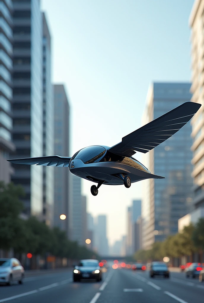 Personal Electric Flying Vehicle (VPEV): A solution to overcome urban congestion, offering vertical and horizontal mobility.
Biomimetic Design: Inspired by birds of prey, with folding wings for easy parking and an aerodynamic body to optimize flight.
Light and resistant materials: Using graphene and carbon fiber composites to reduce weight and improve energy efficiency.
Model from above