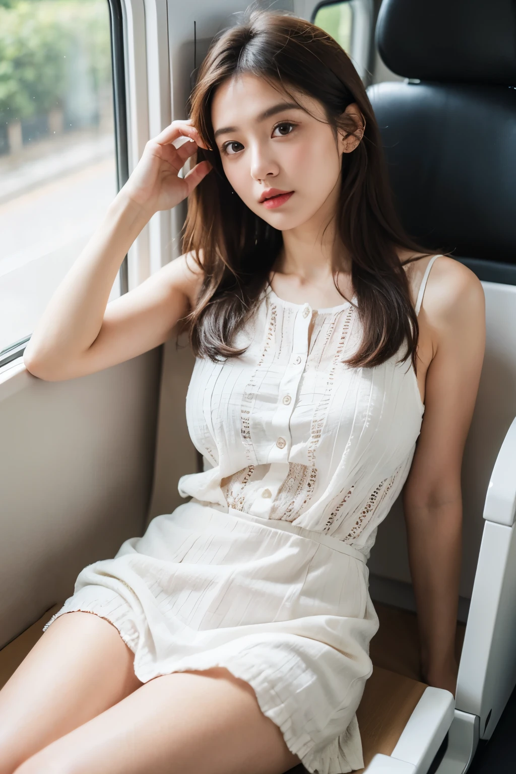 (masterpiece, Highest quality, 8k, RAW Photos, beautifully、beautiful:1.2),  Intricate details, indirect lighting, Realistic,
whole body, Sitting on a chair on the train、Gazing at the audience、Voyeur、Photographed from directly in front、Inner thigh focus、
 Square neck button-down linen sundress, (Ultra-realistic pantyhose)、
 Women&#39;s training , Chair to sit under skirt,