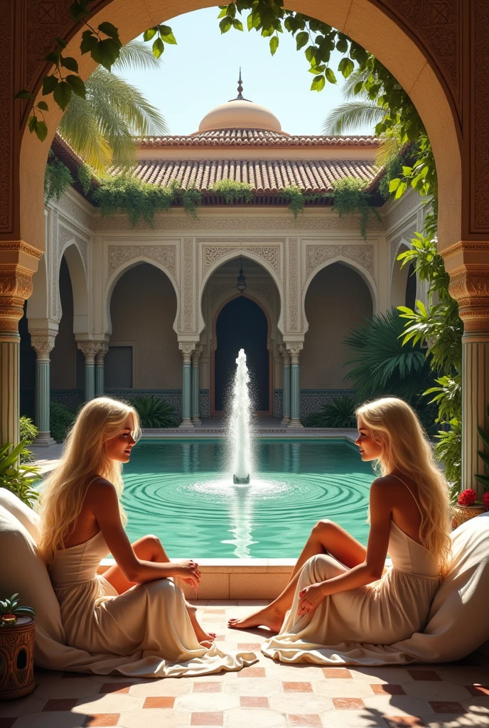  Beautiful blonde women sitting in the courtyard of a Moroccan Andalusian palace by the fountain