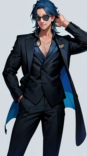 Black suit with open shirt、Smooth blue hair on her back、Intelligent Sunglasses、Handsome man holding candy and smiling while looking at camera、Neck-length hair、