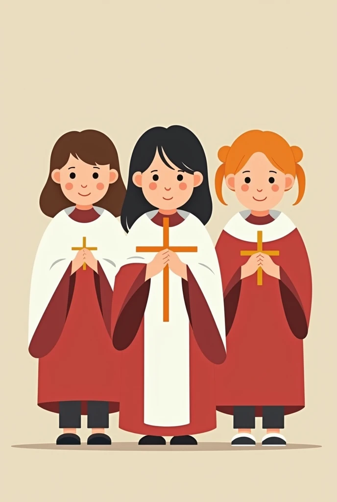 children boys and girls altar boys of the catholic church,in line, with white dress on top and red dress on the bottom. A child holding a cross at the entrance image style cartoon simple icon, no back ground