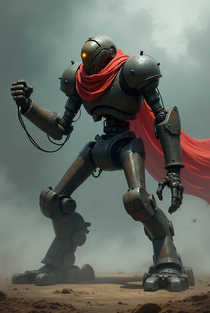 An old rusty robot Golem fighter made of dark metal and with long limbs, an electrical core and a helmet, in a ninja martial arts fighting pose ninja about to fight with closed fist, on a flat place, dark and gloomy with a red scarf, 2d concept art