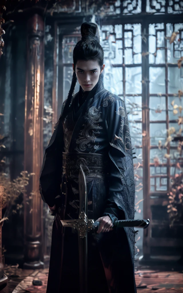 Wearing embroidered Chinese clothing,Dynamic Angle,view,Practical,Luminescence,
Xueer Embroidered Guard Uniform, have, Solitary,  Looking at the audience, Holding a sword, Black Hair, scar, Vague, scar on face, 1 female upper body，Solitary,Handsome_woman,
