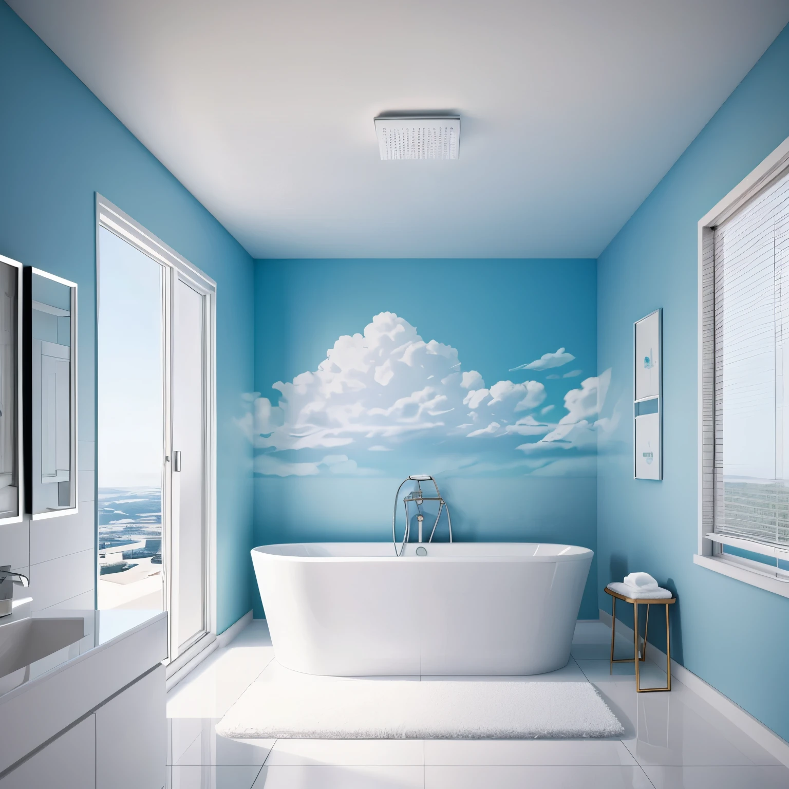 A bright and surreal bathroom filled with dense, fluffy clouds emerging from a large white bathtub, with more clouds flowing out of the window into the blue sky. The bathroom is modern and clean, with light blue walls and white tiles. The scene is lit by soft, natural daylight, creating a dreamlike atmosphere. (fluffy clouds), (dreamlike atmosphere), (soft natural daylight), (modern bathroom) | realistic clouds, high detail, cinematic lighting, photorealistic