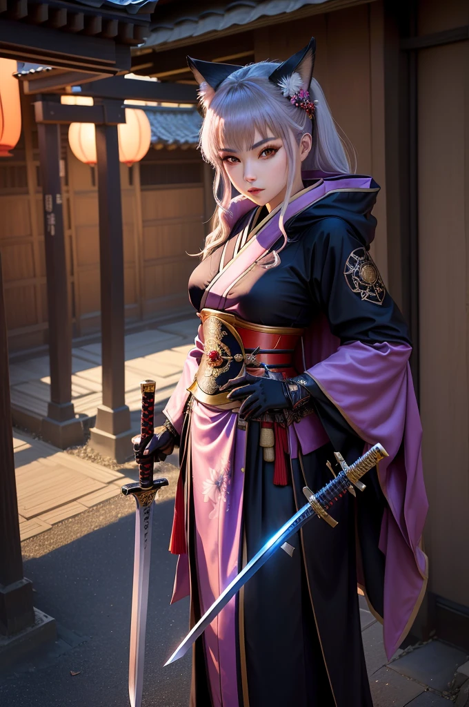 wearing costume、Alafid woman with sword and cloak, anime girl role play, she holds a katana, ayaka role play, anime role play, Inspired by Kiyonobu Torii I, Very beautiful cyberpunk warrior, Fox and bush, Japanese Goddess, glamourous role play, Drawing her katana, role play, Wear a kimono, role play photo