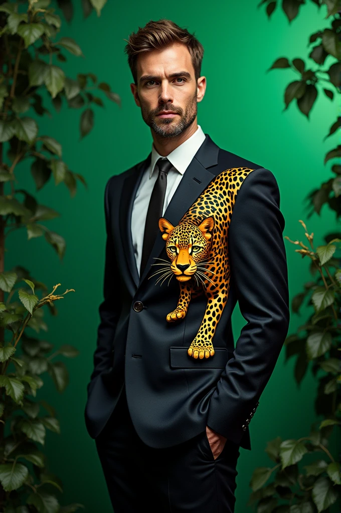 Leopard animal on suit with green background