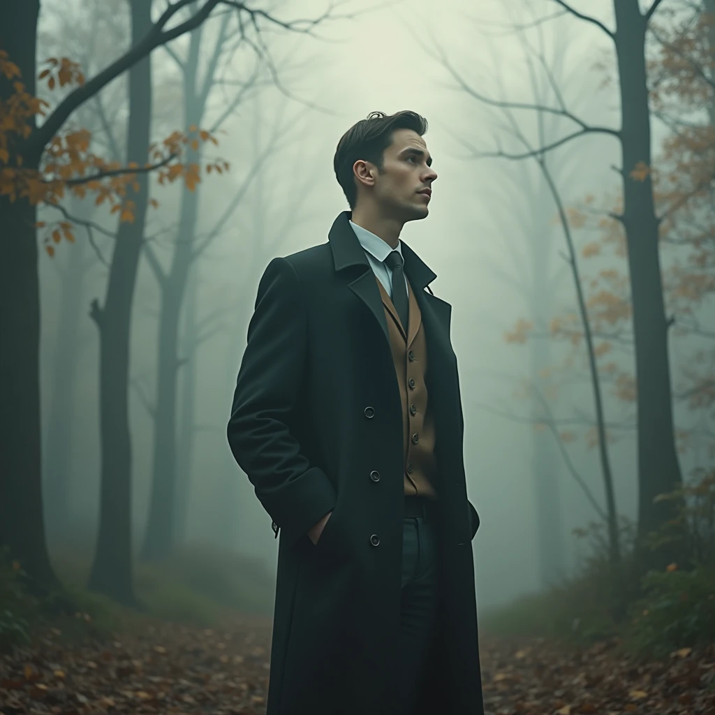 Model-like man、The background is a forest、In the morning mist