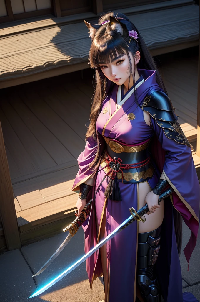 wearing costume、Alafid woman with sword and cloak, anime girl role play, she holds a katana, ayaka role play, anime role play, Inspired by Kiyonobu Torii I, Very beautiful cyberpunk warrior, Fox and bush, Japanese Goddess, glamourous role play, Drawing her katana, role play, Wear a kimono, role play photo