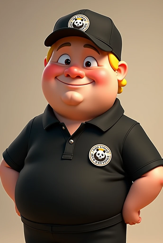 Disney character. A blond man with a bit of cheeks wearing a black Panda Express uniform and a black cap