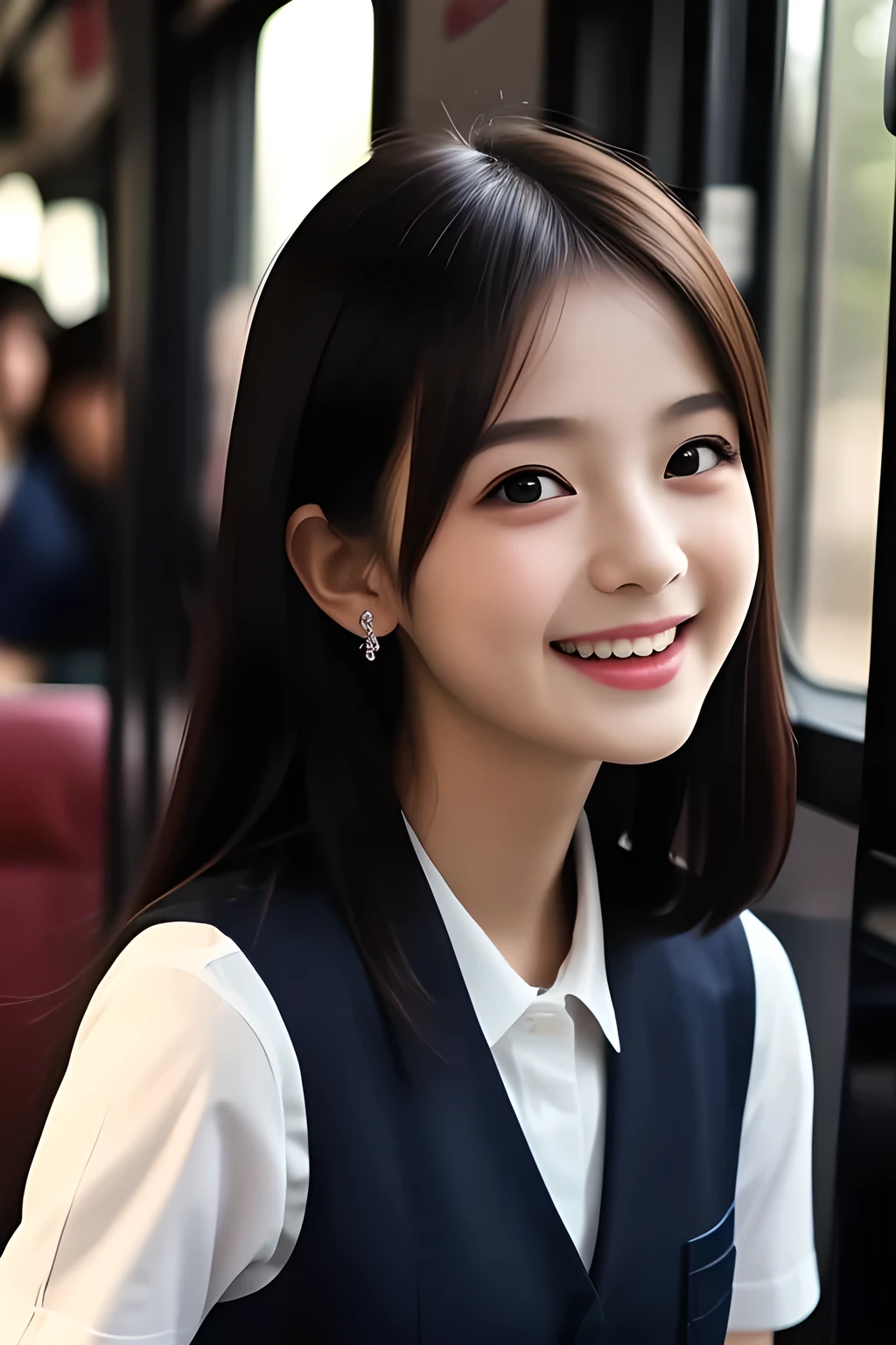 (highest quality, masterpiece, high resolution:1.2), 4K, (Photo quality detailed face: 1.2), (Giorgione painting style: 0.8), geometry, (14 yo cute girly Japanese girl is seated and looking me up in a train: 1.0), Laughing cutely, (neat girly white short-sleeves school blouse: 1.0), (puffed short sleeves: 1.0), (Dark red glossy school ribbon on the breast: 1.0), (Gray Japanese school girly vest Uniform: 1.2), (Extremely laughing cheeks: 1.0), (Beautiful light-amber cute-dolly large clear eyes with detailed cutely: 1.4), (Long bottom eyelashes: 1.2), (Expressing the greatest joy with her whole body: 1.2), (Glossy lips: 1.0), (Super-straight long hair: 1.3), (cute earrings), (white and clear skin: 1.0), (Laughing *** intelligent French eyes with detailed: 0.5), (Placing her beautiful white hands together like praying: 0.9)