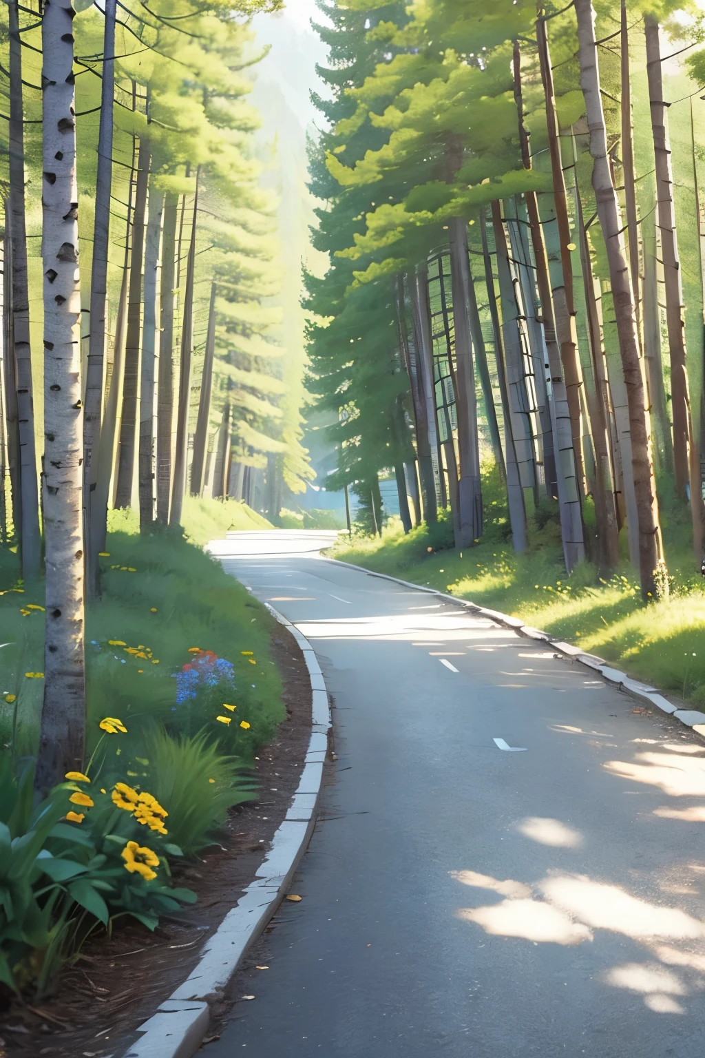 Mountain path, fir trees, birch trees, children playing, flowers, butterflies, flying birds, landscape, birds chirping, sunlight filtering through the trees, soft breeze, lush green foliage, sparkling water reflections, vibrant wildflowers, joyful laughter, carefree children's expressions, dynamic brushstrokes, mountain, harmonious composition.