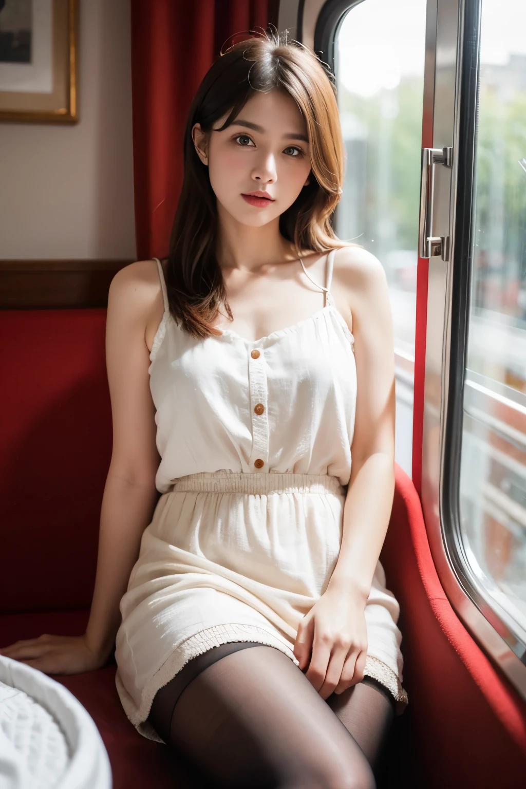 (masterpiece, Highest quality, 8k, RAW Photos, beautifully、beautiful:1.2), Intricate details, indirect lighting, Realistic,
whole body, Sitting on a chair on the train、Gazing at the audience、Voyeur、Photographed from directly in front、Inner thigh focus、
Square neck button-down linen sundress, (Ultra-realistic pantyhose)、
Women's training , Chair to sit under skirt,