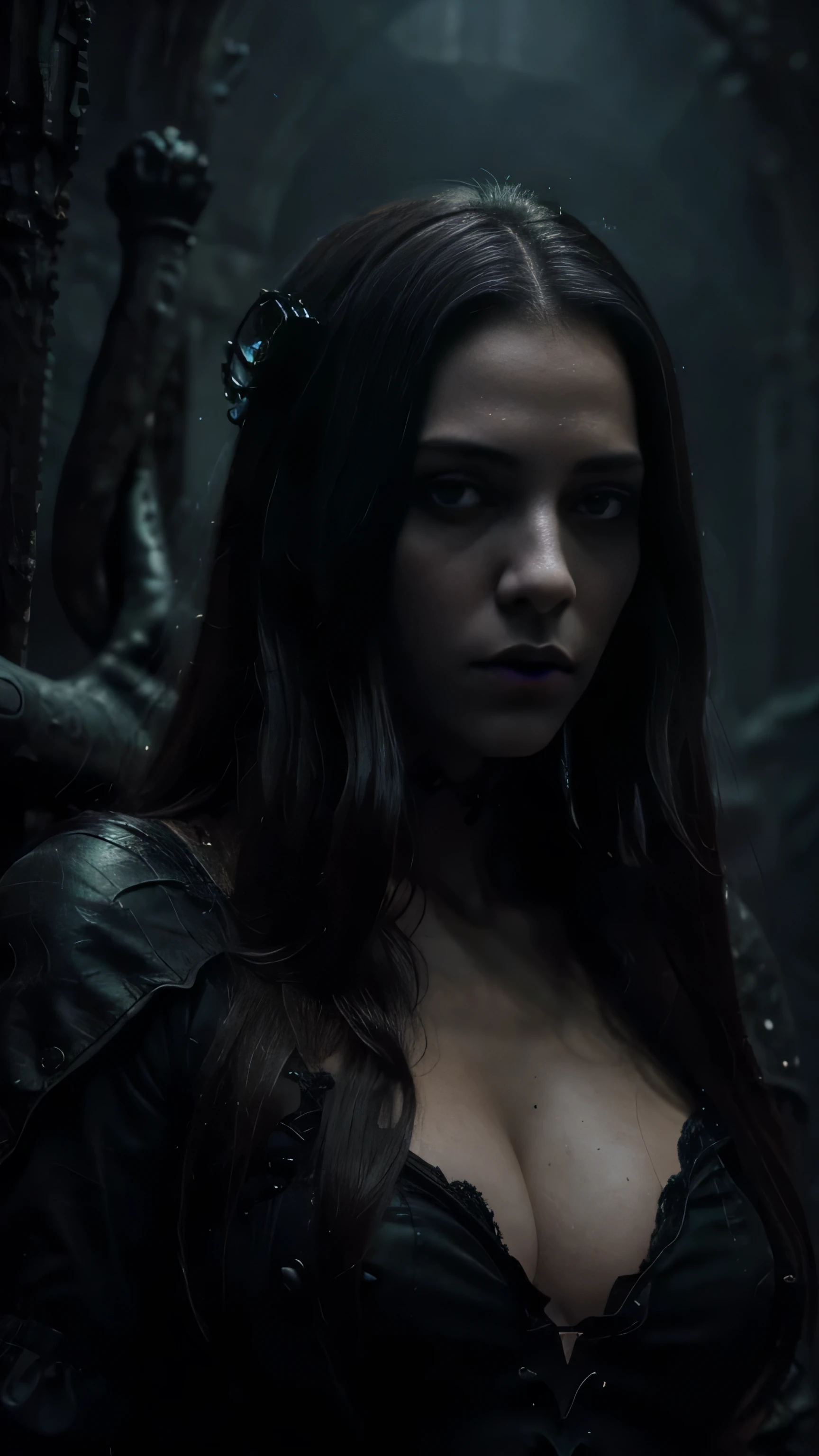 (highest quality,4K,8k,High resolution,masterpiece:1.2),Super detailed,(Realistic,photoRealistic,photo-Realistic:1.37), Close-up of a woman with dark hair and a black dress, in style of Dark Fantasy Art, Dark fantasy art, A beautiful and elegant demon queen, Dark Fantasy Art, fantasy dark art, Dark fantasy digital art, Gothic fantasy art, Gothic Dark Maiden, Cthulhu,Detailed Texture,Spooky creatures,An ominous atmosphere,Mythical,cosmic Horror,darkness,Mysterious,Dark aesthetic,Fog Background,Eyes of another world,Ancient Gods,Monstrous,Powerful,Tentacles,Pitch black blackness,Majestic,Unfathomable depth,Nightmare,The existence of the universe,an ominous existence,seeping darknesss,Secrets of the Universe,That's horrible,It was chaotic.,Eldritch,Horror,That's horrible,Mysterious,Abysmal,Empty,Powerful wings,Lovecraft,abstract Horror、Punisher, Nightmare Before Christmas style, ((Perfect hands), (Ultra-realistic:1.6), (Detailed face), (sharp)), color: Dark and gloomy, (Ghostly), (intense expression), (Detailed skull emblem), (Spooky atmosphere), (Cartoon-like atmosphere),(Grainy), (Dramatic Shadows), (Dynamic pose), (An ominous atmosphere), (Artistically expressed), ((Fascinating), (Gothic), (Mysterious Setting), (Moody color palette), (Skillfully drawn), (Feelings of anxiety), (Intricate details), (an ominous smile), (an ominous), (Fascinating eyes), (Horror elements), (Fascinating composition), (Impressive anatomy),(Striking contrast)), (Exquisite craftsmanship), (Interesting character designs)、Dark Fantasy Portrait, Portrait of the Dark Goddess, Dark Fantasy Nymph Portrait