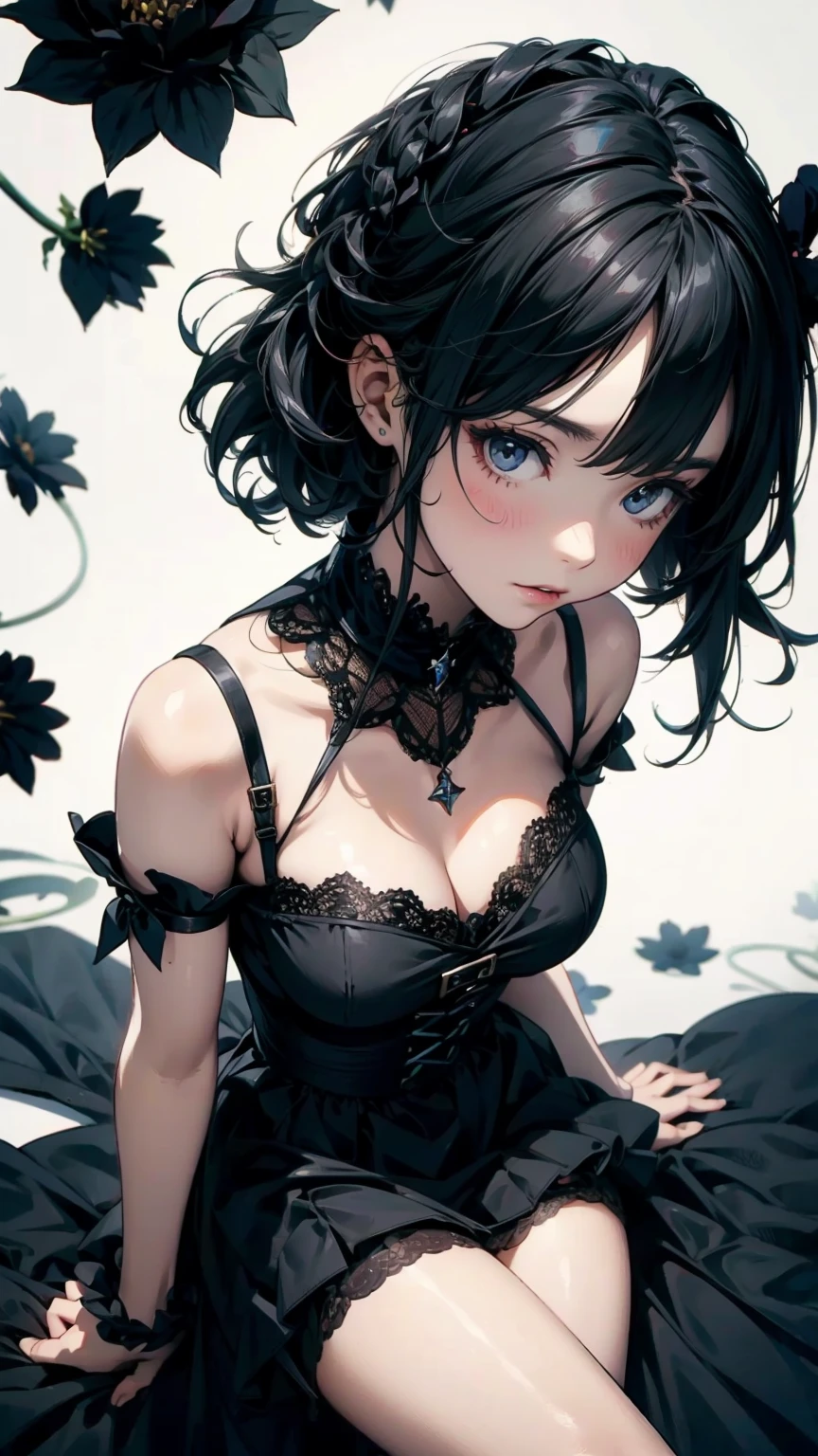 Top view, Woman with asymmetrical short hair, Gothic ta Fashion, Exposed cleavage and thighs, A dynamic pose, White background:1.2, Anime Style, Simple lines, Digital Painting, (masterpiece, High resolution, Highest quality)