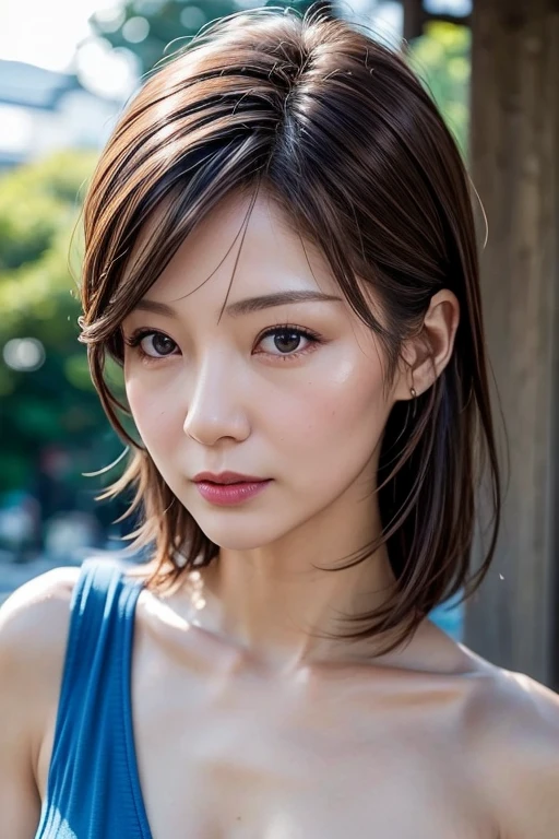 Highest quality, Realistic, Perfect Human Anatomy, Very detailed, Very delicate and beautiful, RAW Photos, Professional Lighting, illumination, Written boundary depth, Single Focus, whole body, Skinny Japanese woman, 45-year-old woman, Brown Hair, Small Head, Beautiful Eyes, True Face, Realistic skin, fine grain, (Fashionable hairstyles: 1.3),Bust Emphasis、Sexy blue dress、(Outdoor:1.5）,
