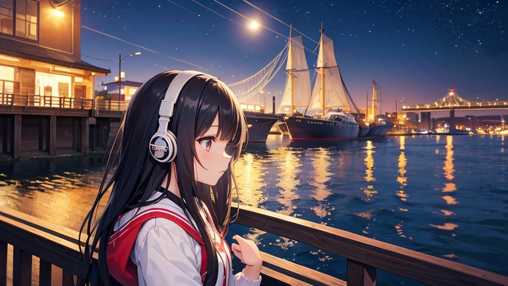 Enjoy boat racing at Suminoe Boat Races。A young girl with black hair wearing stylish clothes and headphones labeled "lo-fi" The girl is shown in profile, gazing into the distance with a calm, relaxed expression Background depicts the iconic scenery of Namba, Osaka at night, without any text on signs A starry night sky adding to the peaceful atmosphere Overall mood is quiet and serene, perfect for lo-fi music Detailed hair rendering and careful attention to the girl's fashionable outfit The entire scene should evoke a relaxing, introspective feeling associated with lo-fi music
