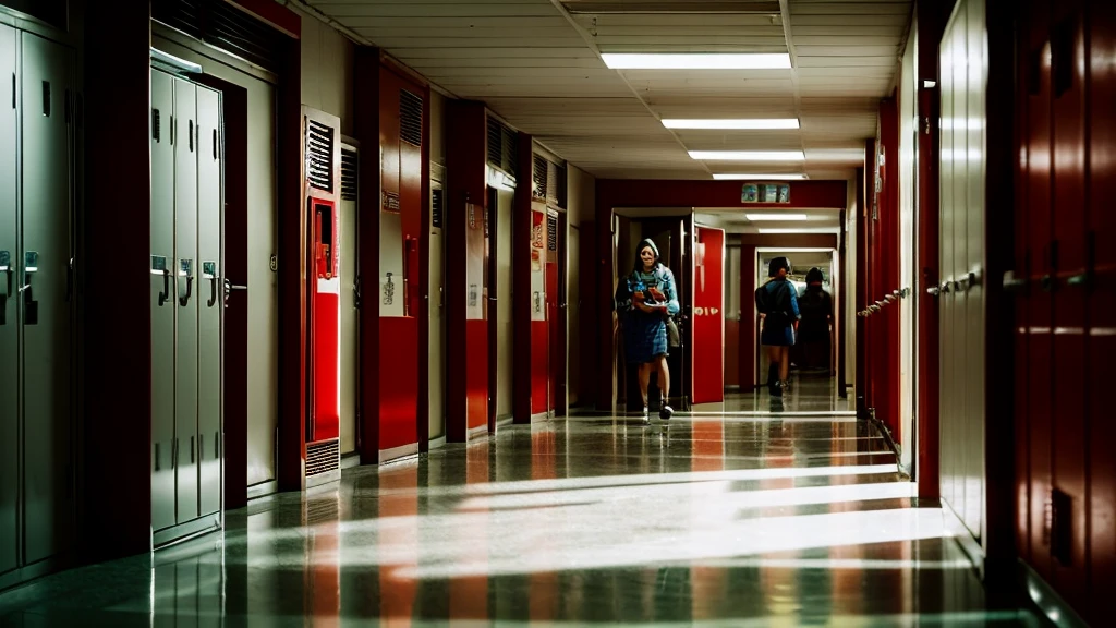 A high school hallway with lockers lining both sides, the lights are dim, and the atmosphere is tense. A loudspeaker on the wall is shown, with a sense of urgency in the air. Blurry and in red and white.