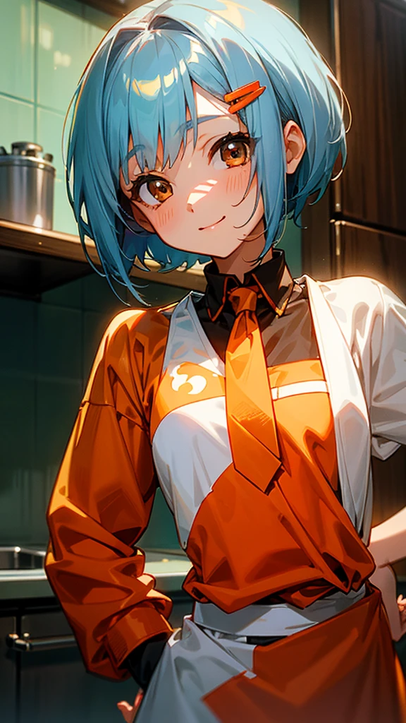 1 girl、Anime Images、kitchen、Delicious food、shrimp、Place your hands on your hips.、Shiny light blue hair、Short Bob Hairstyles、Tie your hair with an orange hair clip、Beautiful brown eyes、smile、Upper body close-up、Sharp contours、Background Blur、Written boundary depth