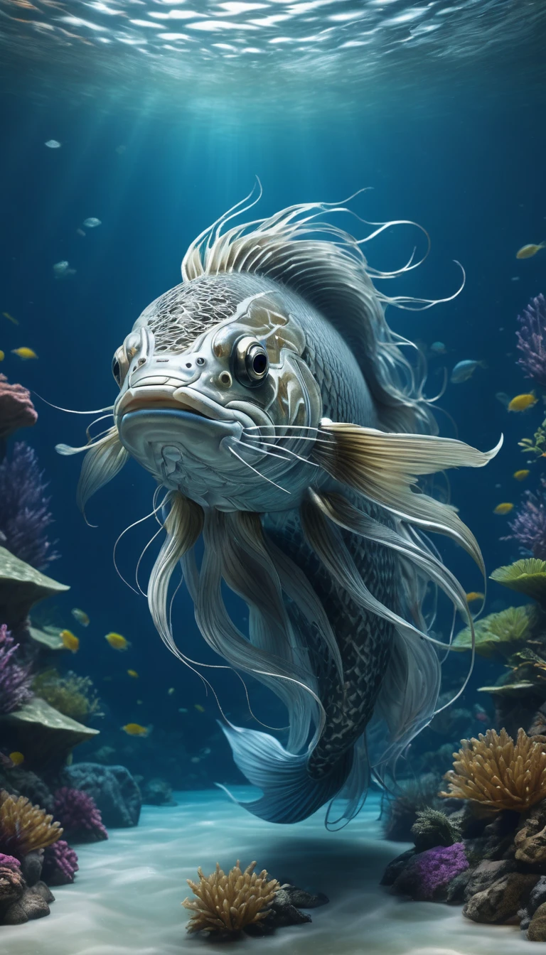 There is a hairy carp in the river.(best quality，4K，8k，High level，masterpiece：1.2），Ultra Detailed，（lifelike，Photo real，Photo real：1.37），Highly detailed animals，Complex patterns，Realistic lighting，Fantasy Creatures