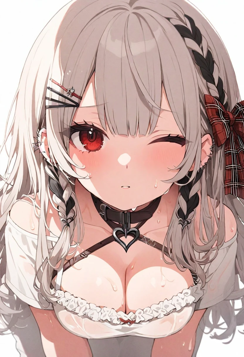 (muste piece), (best quality), (score_9, score_8_up, score_7_up), very detailed eyes, expressive eyes, perfect face, very detailed face, highly detailed face, beautiful girl, 8K, beautiful girl, (white background), delicate and beautiful face and eyes, dark intense shadow, Ultra-high resolution, Movie Lighting, (Fuji Color: 1.2) portrait,
1 girl, vtuber style, cool girl, hololive, vtuber,Sakamata Chloe, sharp eyes, white T-shirt, pull down collar, close one eye, look up, big chest, cleavage, sweat, wet body, wet hair, clavicle, (full body), sweating, wipe sweat, hot, leaning_forward,