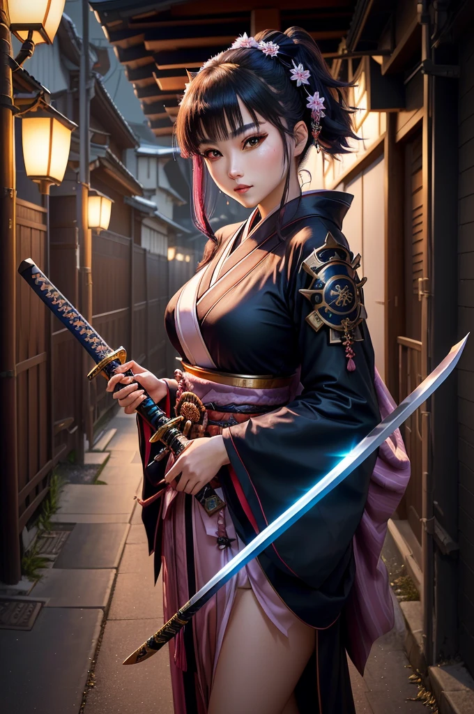 wearing costume、Alafid woman with sword and cloak, anime girl role play, she holds a katana, ayaka role play, anime role play, Inspired by Kiyonobu Torii I, Very beautiful cyberpunk warrior, Fox and bush, Japanese Goddess, glamourous role play, Drawing her katana, role play, Wear a kimono, role play photo