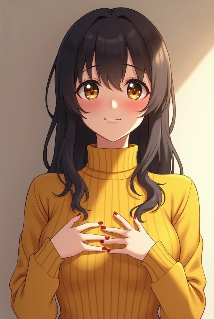 realisticlying、 An 18-year-old girl emphasizing her cleavage and smiling((Grab your chest with both hands))、Wearing a yellow turtleneck sweater、Breasts enlarged、Sexy Posing、I'm sweating、Redness of cheeks、