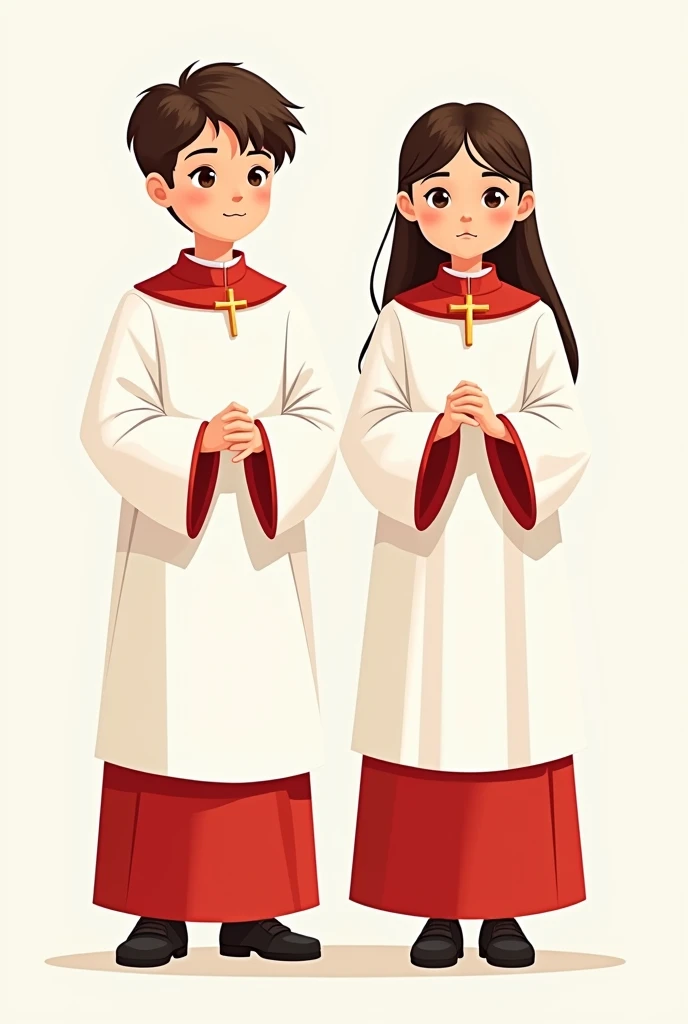 male and female altar servers in the catholic church,in line, with white dress on top and red dress on the bottom.
simple icon drawing style image, no back ground