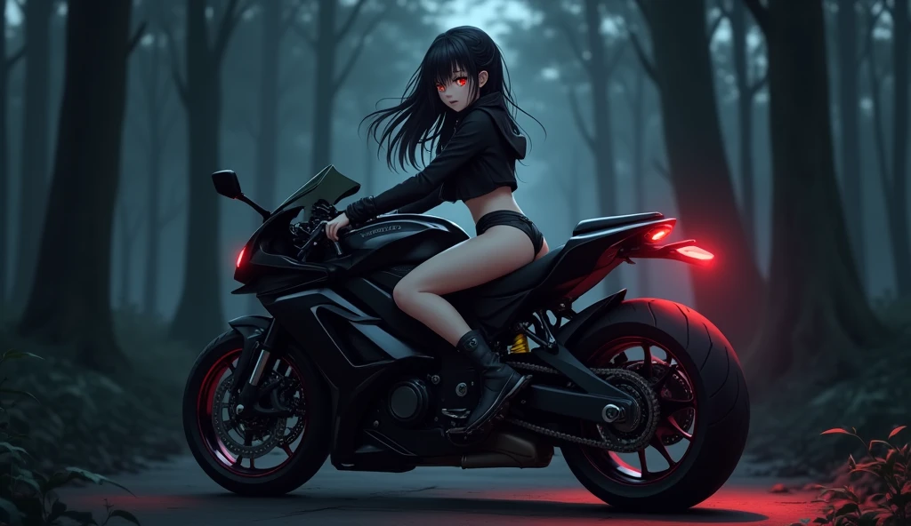 vampire anime girl with glowing red eyes,small chest, wearing black crop top jacket riding a motorcycle in a dark forest facing the viewer