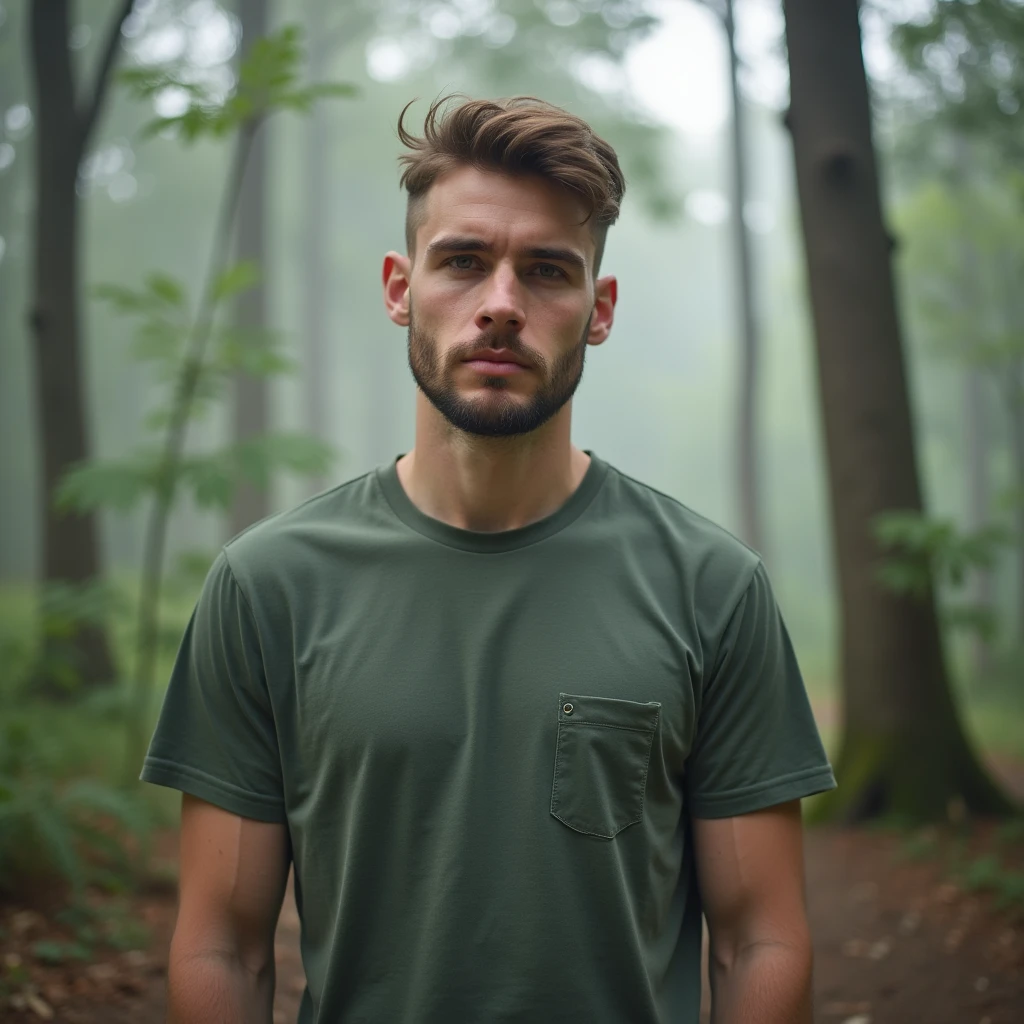 Model-like man、The background is a forest、In the morning mist、T-Shirts