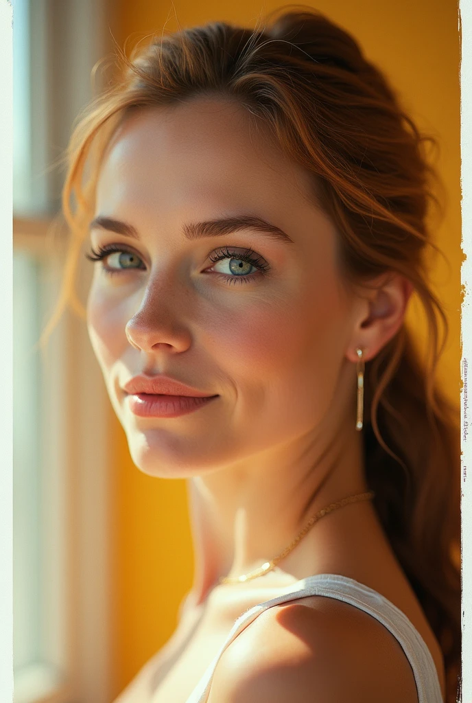 Jennifer Garner , ultra realistic photo, Polaroid, Kodak portra 400, dof 35mm, , portrait of beautiful woman, bright colours, ginger ponytail haircut , realistic skin pores