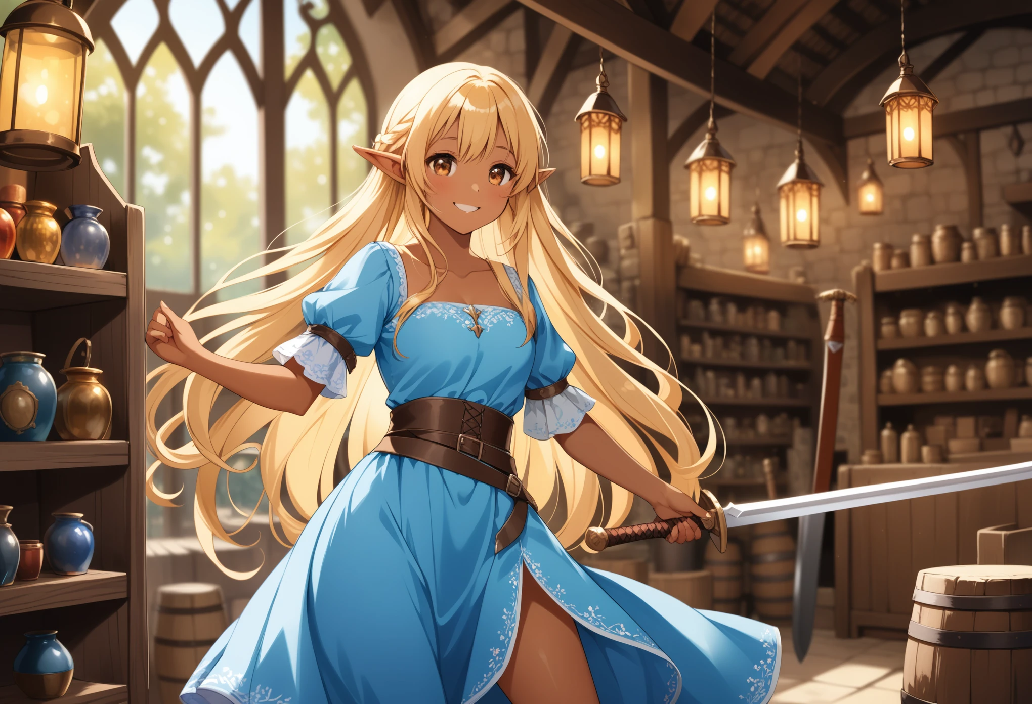 8K, RAW, best quality, masterpiece, ultra high res, colorful, (medium wide shot), (dynamic perspective), sharp focus , (depth of field, bokeh:1.3), extremely detailed eyes and face, beautiful detailed eyes, 
(1girl, elf girl, tiny, short, medium breasts, dressed in cute blue dress, smiling, blonde hair, brown eyes, flowing hair, long hair, shining hair, dark tanned skin), holding giant sword, 
(inside medieval fantasy smith shop,  cowboy shot)