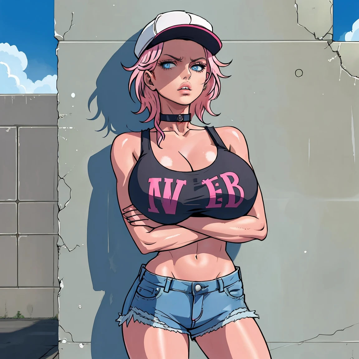 score_9, score_8_up, score_7_up, source_anime BREAK 1girl, solo, cowboy shot, looking at viewer, close-up, facing viewer, 
poisonff, pink hair, blue eyes, spiked hair, peaked cap, choker, collar, tank top, short shorts, denim shorts, torn clothes, androgynous,
huge breasts, bored, lips, puckered lips, annoyed, crossed arms, from below, 
outdoors, street, blue sky, cloud, against wall, leaning back,