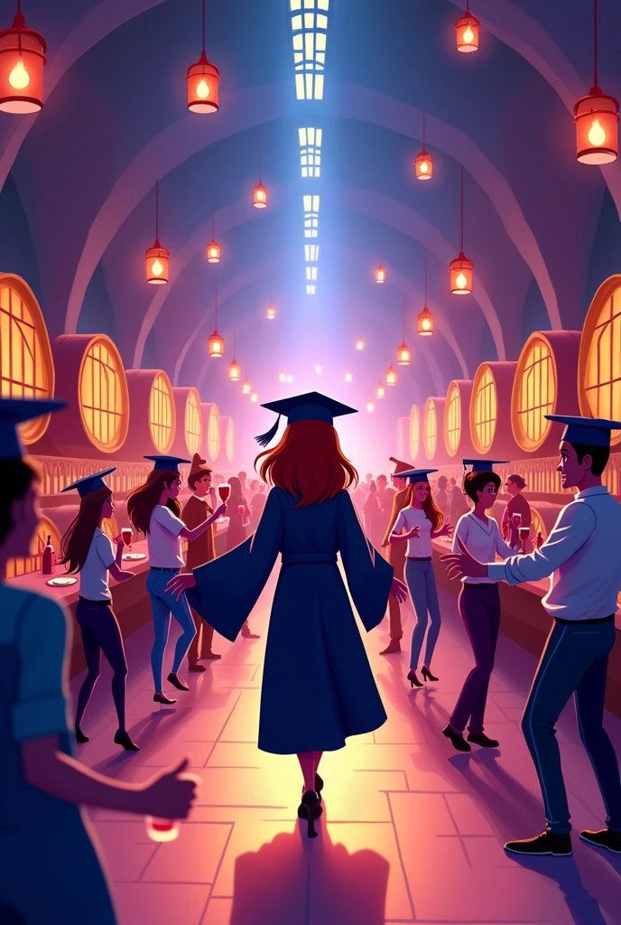 Make a poster of a wine cellar inside a nightclub for an engineering graduation party, that the poster does not have letters, just the image, that the characters are abstract cartoons dancing dressed casually and that everyone wears a graduation cap, In addition, there is a woman in the middle dressed in a cap and gown., make the cellar look big