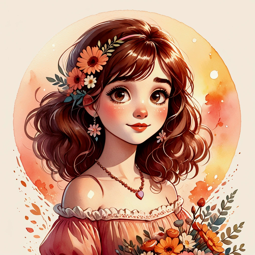 A watercolor illustration of a cartoon girl with a bouquet of flowers in her hand, Detailed and cute digital art, cartoon style illustration, beautiful retro art, Cartoon art style, beautiful digital illustration, in digital illustration style, cute art style, Disney art style, cute digital art, Cartoon art style, cute and detailed art, digital cartoon painting art, stunning art style, Disney art style, cute cartoon style