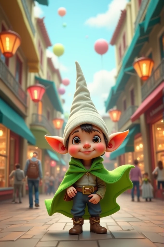 Make a gnome with a green cape and a white hat in a shopping mall 