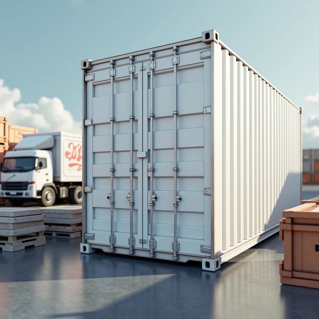 Hyper realistic image of one white cargo container veiwed from afar close to one white logistics truck on shipment background
