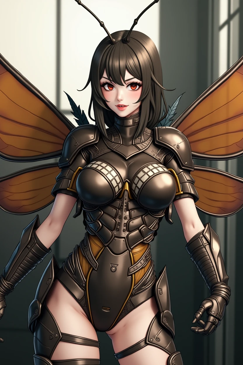 (high resolution,masterpiece,best quality,extremely detailed CG, anime, official art:1.4), realistic, photo, amazing fine details, all intricate, gloss and shiny,awesome many layers, 8k wall paper, 3d, sketch, kawaii, illustration,( solo:1.4), perfect female proportion,villainess, (fusion of dark brown cockroach and lady:1.4), (brown cockroach form lady:1.2), (brown cockroach lady:1.2), (fusion:1.2), (solo:1.4), (evil smile:1.2), muscular, abs, (cockroach brown exoskeleton bio insect suit:1.4), (cockroach brown exoskeleton bio insect armor:1.2), (brown transparency cockroach wing:1.4), (brown cockroach antennae:1.3),