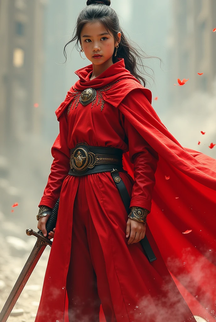 Red clothes hero of justice 16 years old sword 1 person perky