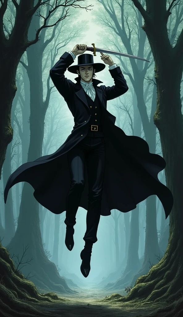 Full-body illustration of Vampire Hunter D by Yoshitaka Amano. The male character D is all in black, wearing a European aristocratic-style white shirt under a long black coat. His face is handsome and pale, his black sun hat firmly in place. D is captured mid-air, leaping forward in the heart of a mystical forest. With both hands gripping the hilt of his long, thin sword, he raises it high above his head, preparing to bring it down with a powerful strike. The coat flutters around him, and the sword gleams in the dim light filtering through the dense canopy. His black boots are slightly off the ground, emphasizing the dynamic movement and the intensity of the moment.