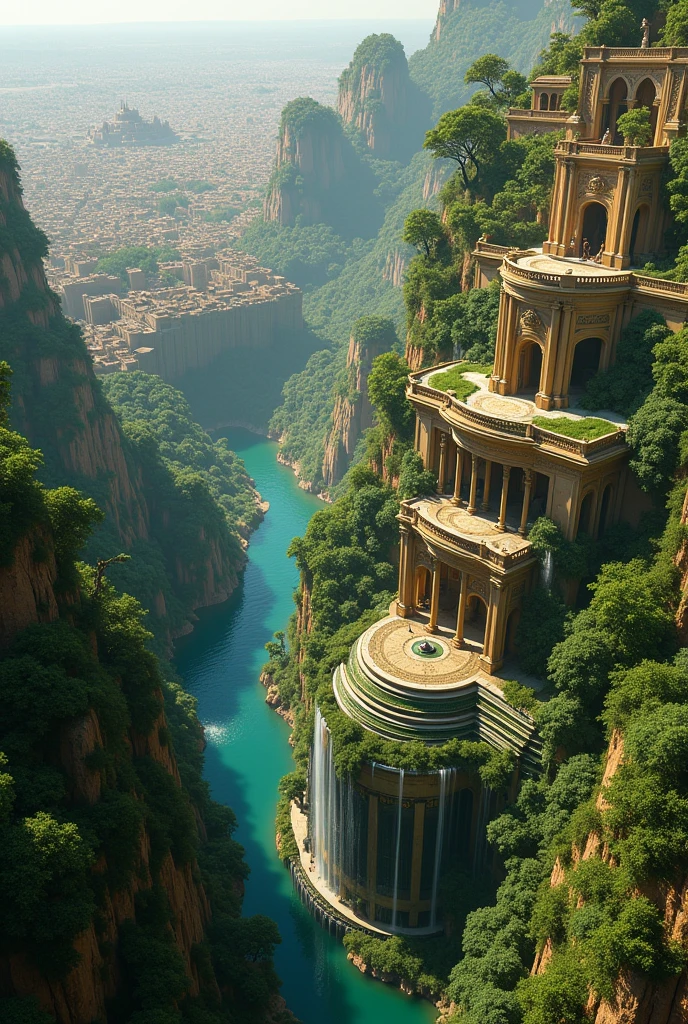 Create an image of an aerial view of the hanging gardens of babylon 