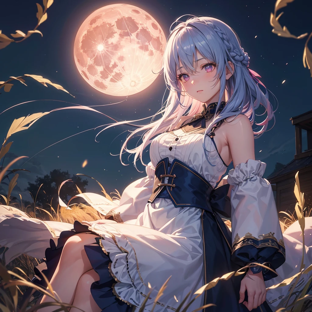 (Braiding),(Sky blue medium hair), (Pink eyes),(Fair skin) ,(whole body),(One Girl),(harvest moon),(A large amount of Miscanthus sinensis in the background),autumn,(full moon),(masterpiece, Highest quality, Very detailed, Best Shadow), (Detailed Background), (Beautifully detailed face), High Contrast, (Best lighting, Very delicate and beautiful), ((Cinematic Light)), Hyper Detail,8k, Dramatic Light, Intricate details