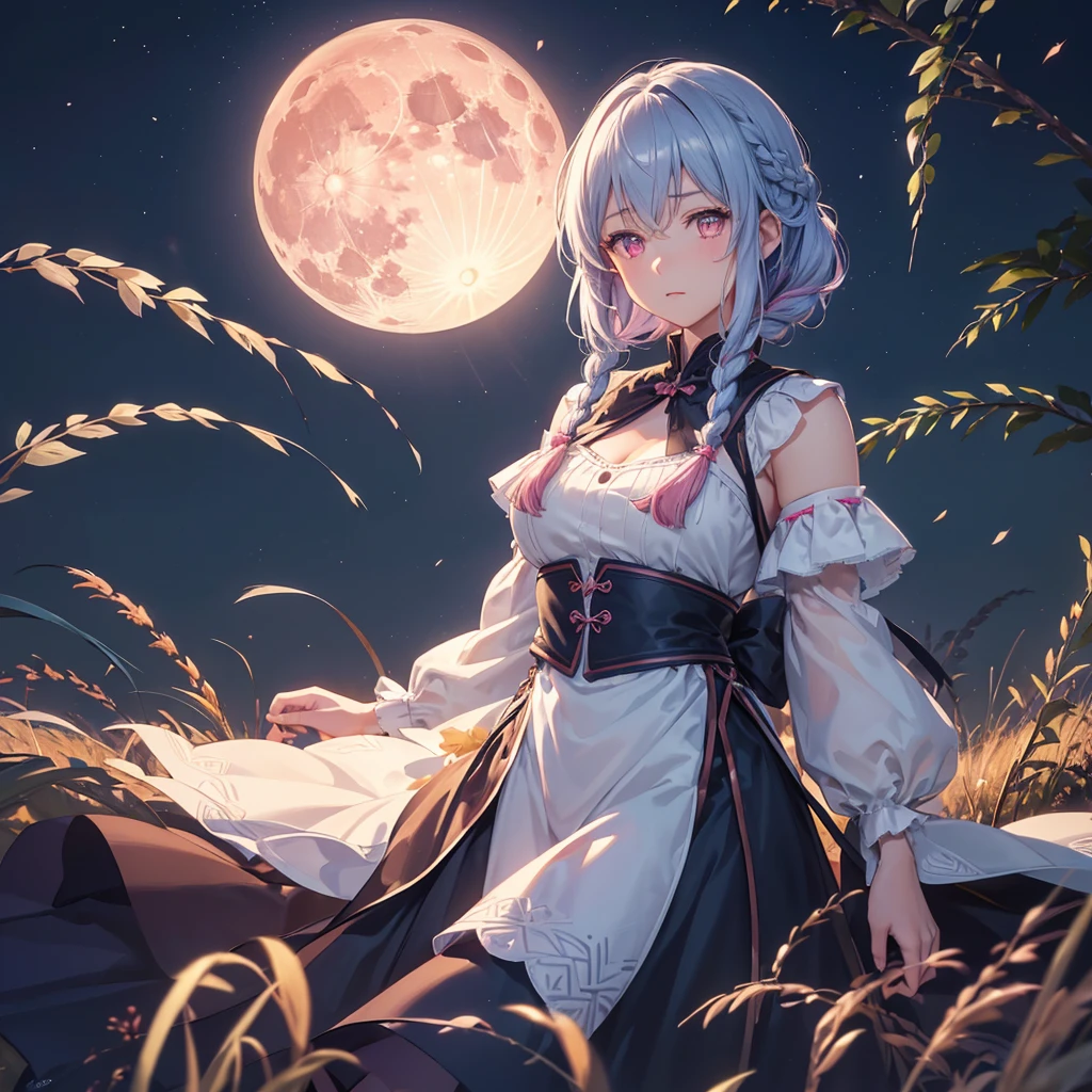 (Braiding),(Sky blue medium hair), (Pink eyes),(Fair skin)  ,(whole body),(One Girl),(harvest moon),(A large amount of Miscanthus sinensis in the background),autumn,(full moon),(masterpiece, Highest quality, Very detailed, Best Shadow), (Detailed Background), (Beautifully detailed face), High Contrast, (Best lighting, Very delicate and beautiful), ((Cinematic Light)), Hyper Detail,8k, Dramatic Light, Intricate details